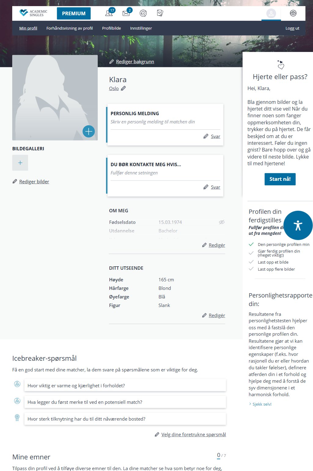 Academic Singles profil eksempel 1