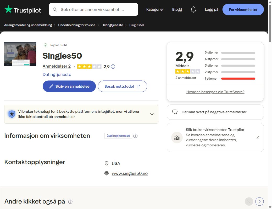 Singles50 Trustpilot anmeldelser Norge