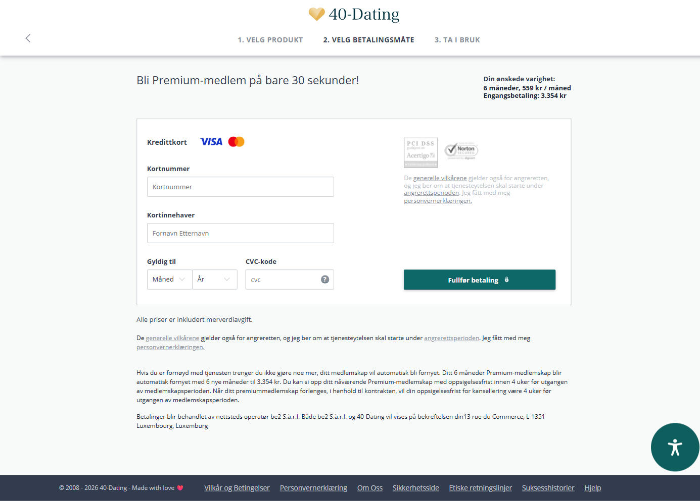 Bestillingssiden til 40-Dating: fornyelse og oppsigelsesfrist for 6 måneder