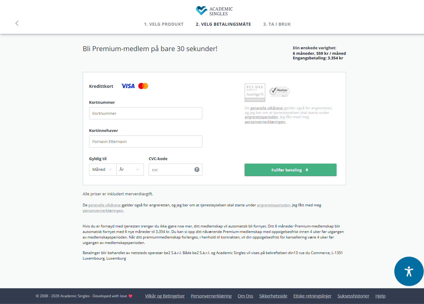 Bestillingssiden til Academic Singles: fornyelse og oppsigelsesfrist