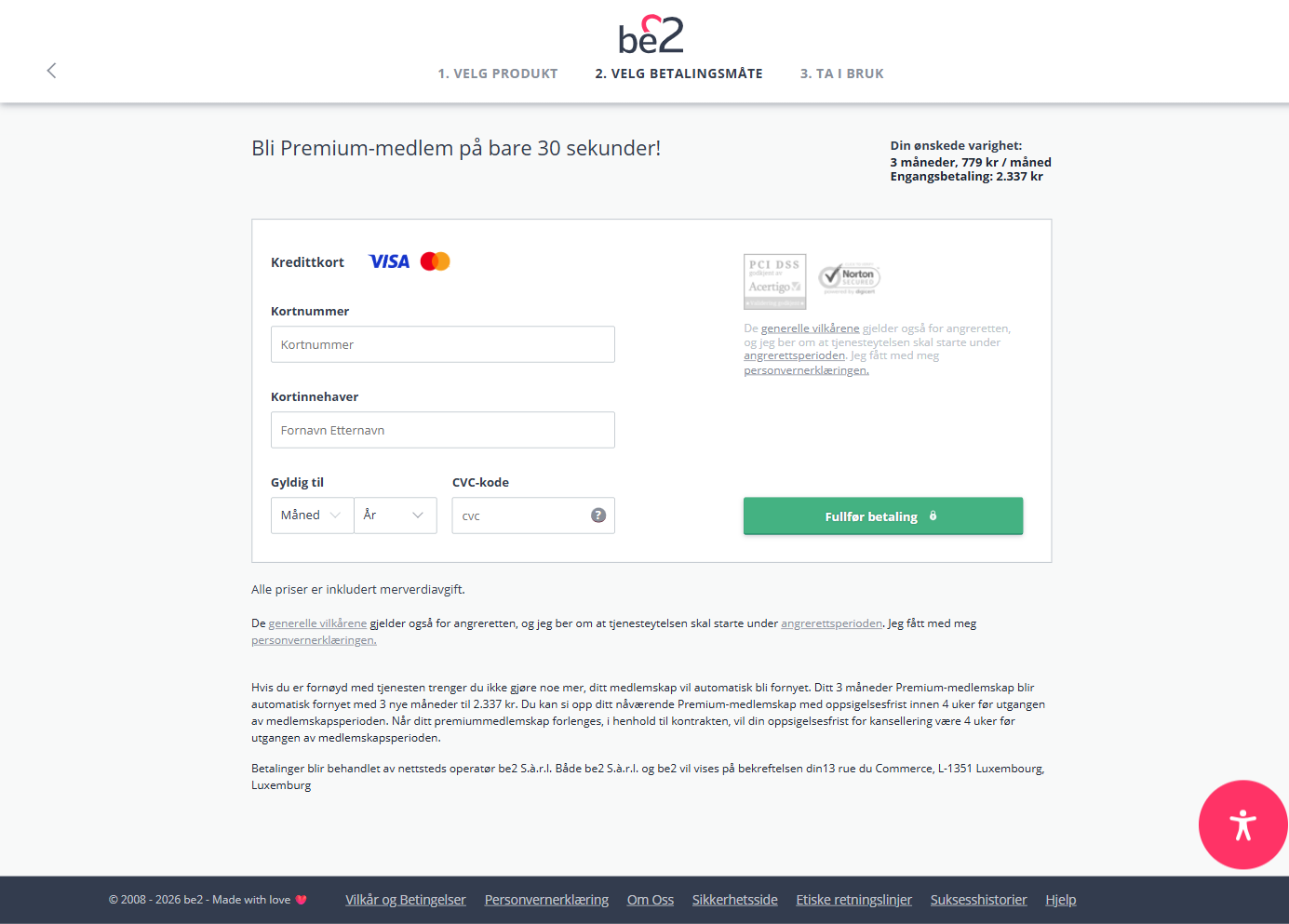 Den norske bestillingssiden til be2: 3 måneder for 779 kr per måned, engangsbetaling 2 337 kr, og teksten om automatisk fornyelse med 3 måneder og 4 ukers oppsigelsesfrist