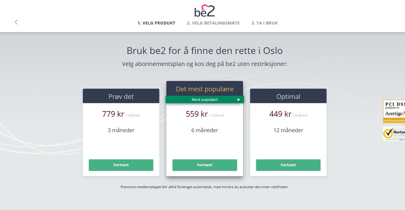 Premium-prisene til Be2 på den norske bestillingssiden
