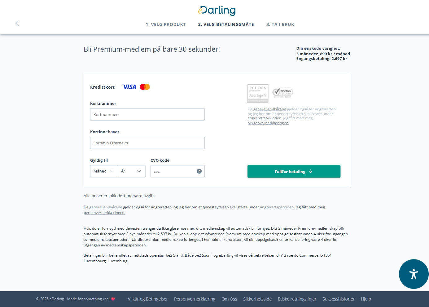 Steg 2 på eDarlings bestillingsside: valgt periode 3 måneder, engangsbetaling 2.697 kr og teksten om automatisk fornyelse og 4 ukers oppsigelsesfrist