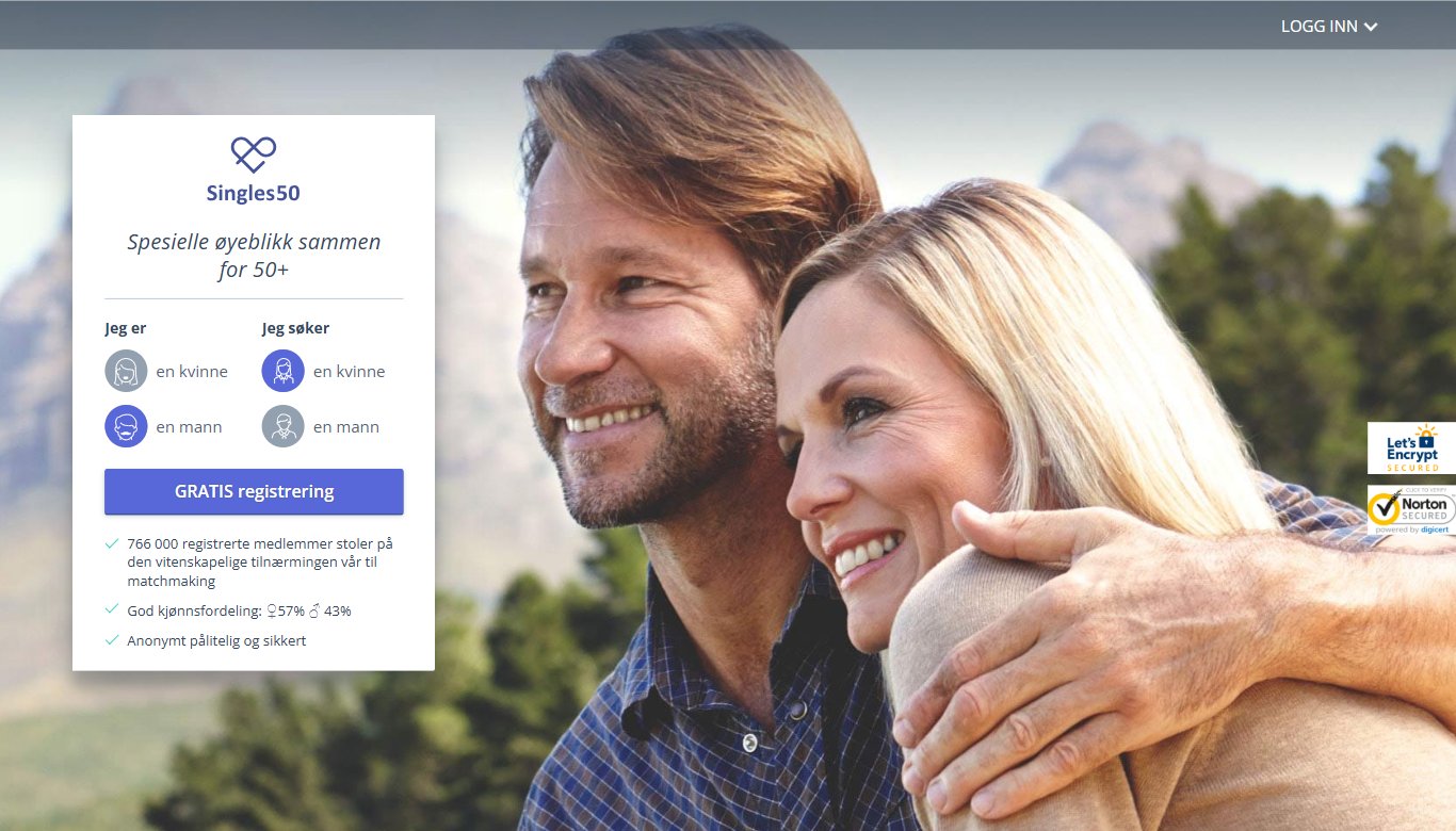 Singles50 forside i Norge: 766 000 registrerte medlemmer og kjønnsfordeling 57 % kvinner, 43 % menn