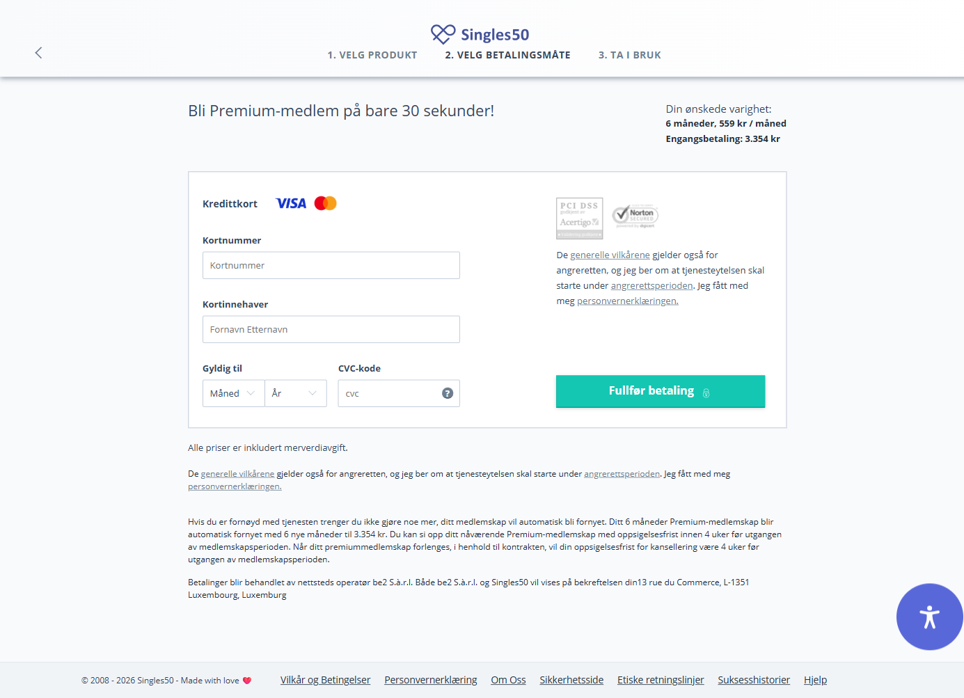 Trinn 2 i Singles50-bestillingen: 6 måneder, engangsbetaling 3.354 kr, kredittkort og teksten om fornyelse med 6 nye måneder til 3.354 kr og 4 ukers oppsigelsesfrist