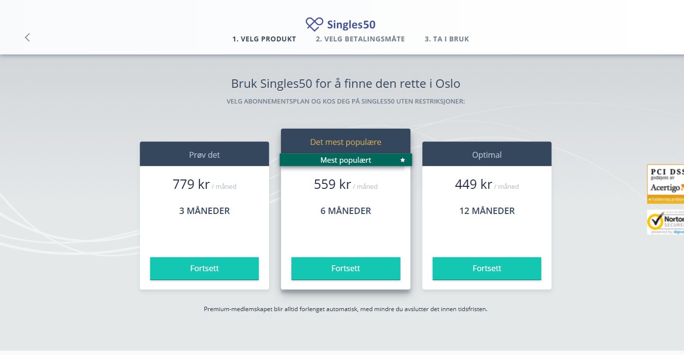 Singles50 Norge, priser for Premium-medlemskap