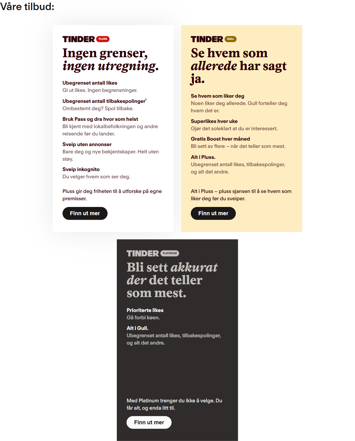 Tinders norske abonnementsside «Våre tilbud»: Pluss, Gull og Platinum med funksjoner, uten priser